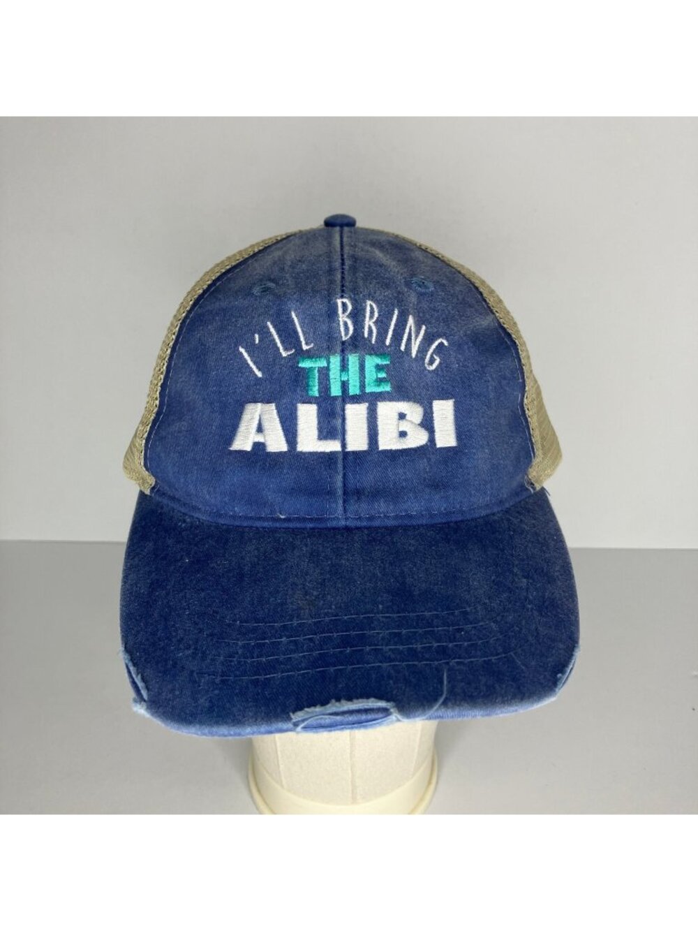 I'LL BRING THE ALIBI Trucker Hat Men's Adjustable Blue Tan Distressed Cap